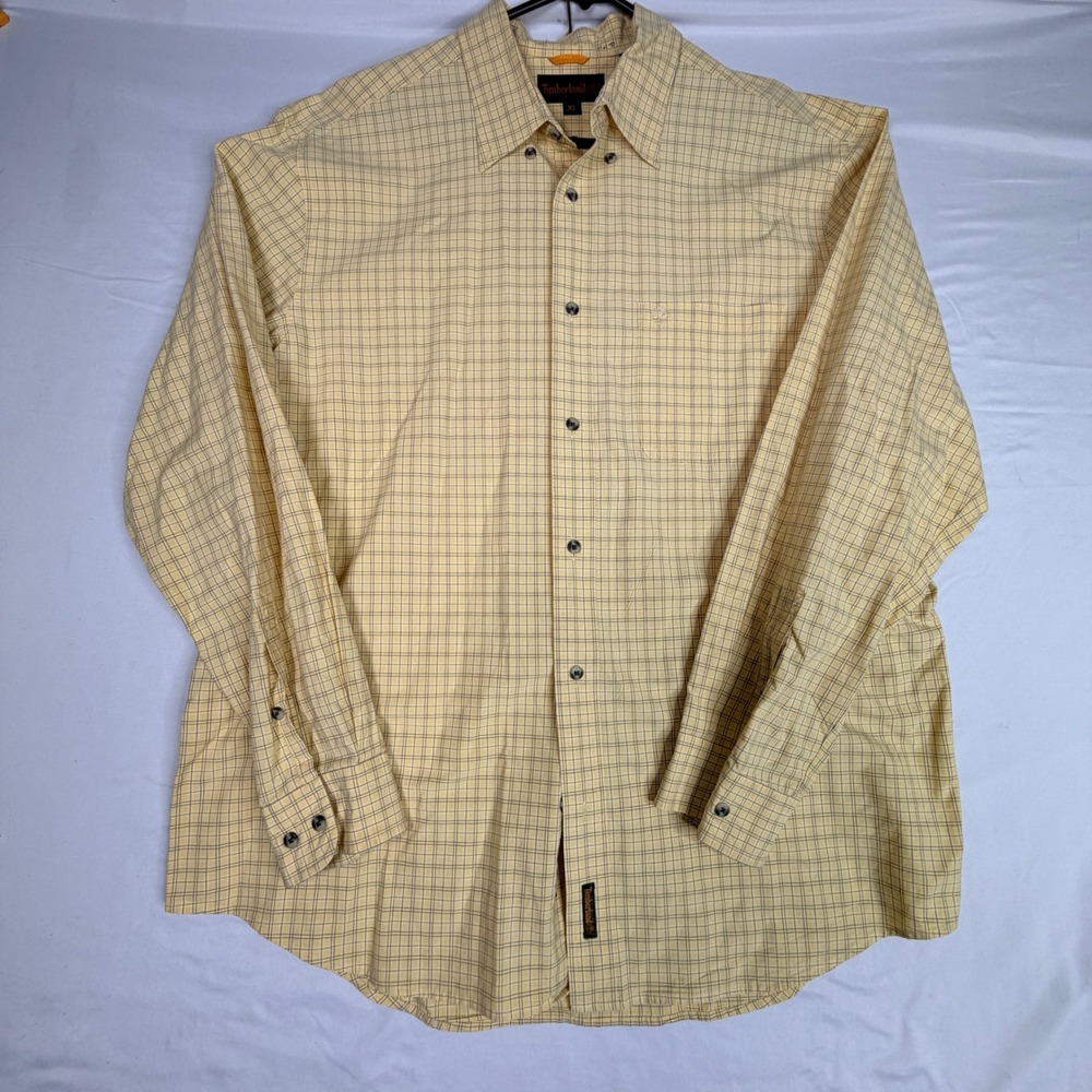 Timberland Button Down Shirt XL Yellow Grid Check Cotton Long Sleeve Mens